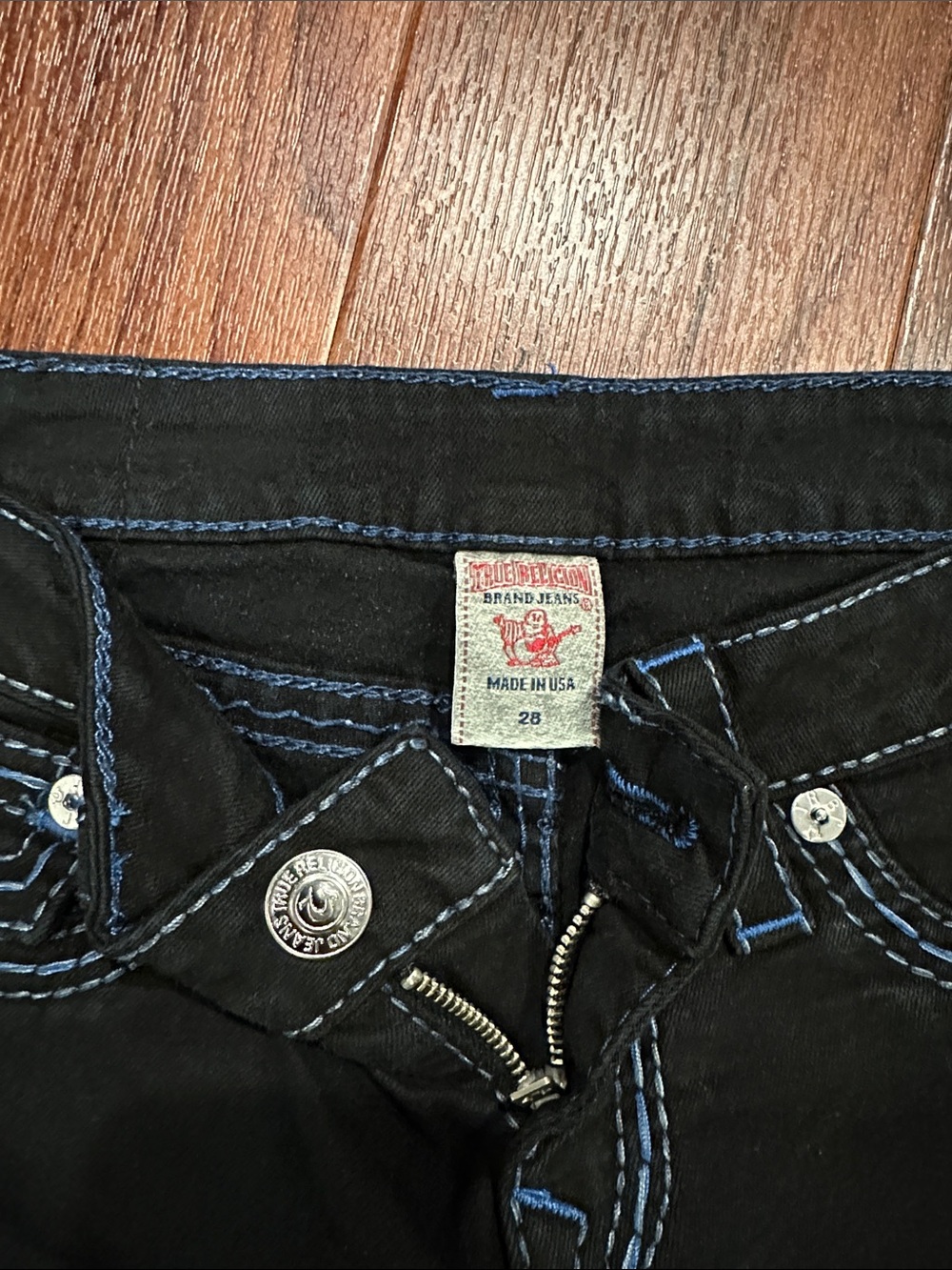 True Religion Black Straight Jeans with Blue Contrast Stitching - Picture 2 of 4